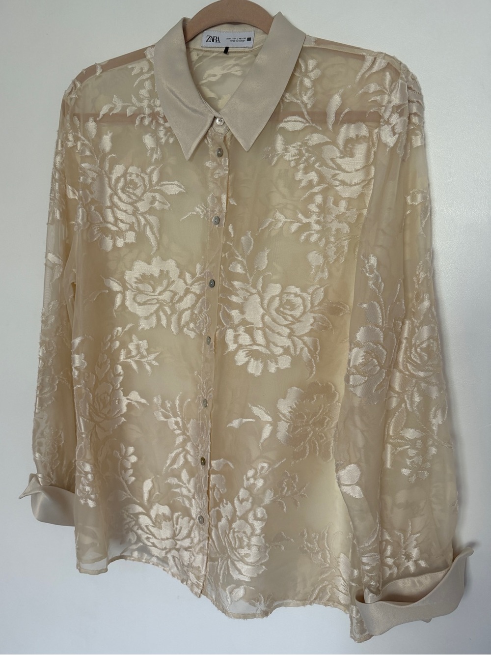 ZARA Sheer Floral Jacquard Button-Up Blouse in cream - Picture 2 of 7